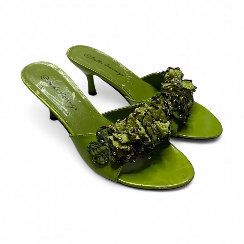 Bella Fiorenza Apple Green Fairy Core Kitten Heels Mules Floral Beaded size 8